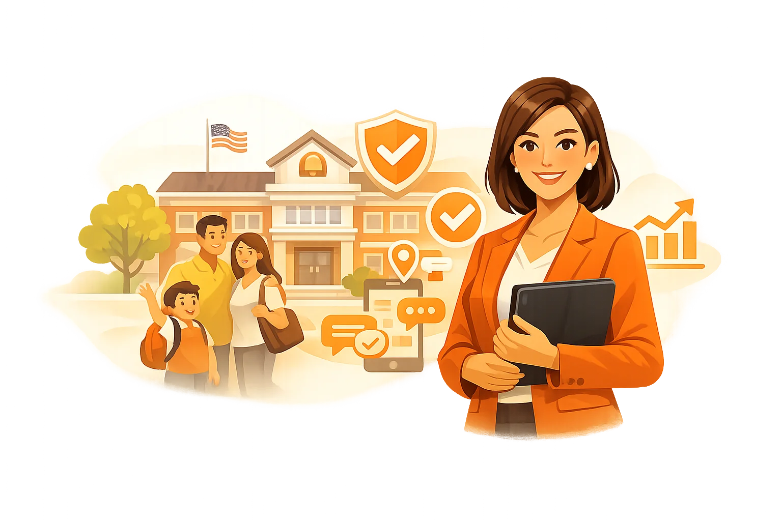 A school administrator holding a tablet stands beside a family arriving at school, with icons for security, confirmed pickups, and improved results.