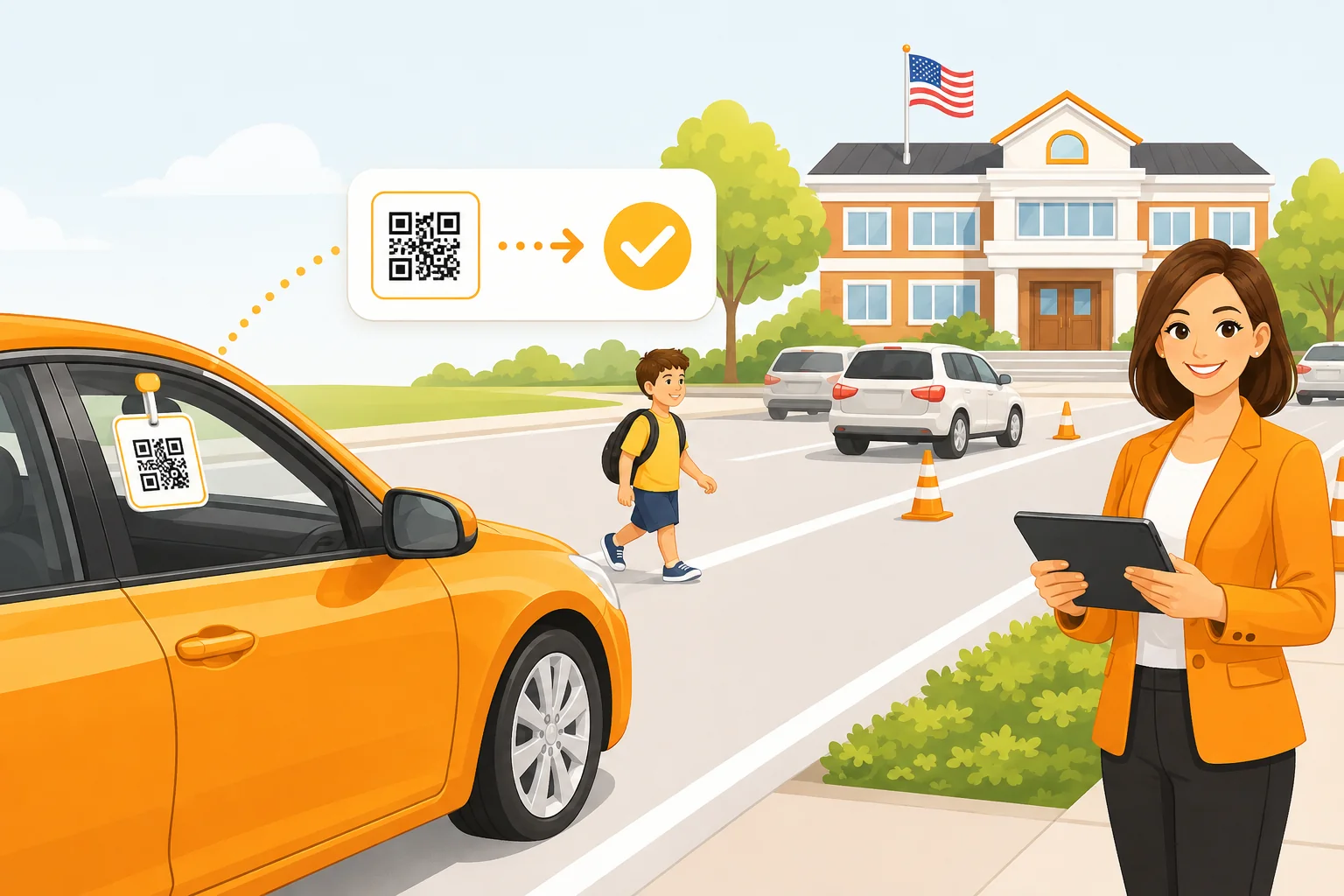 A car at school pickup displays a hanging QR tag that is scanned and confirmed, while a student walks toward a staff member holding a tablet.