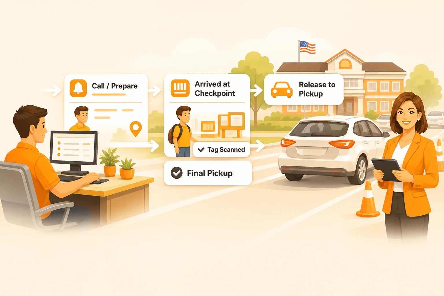 Diagram of the DismissQ staff workflow: an office staff member at a computer moves a student through Call and Prepare, Arrived at Checkpoint with the tag scanned, and Release to Pickup, while a staff member with a tablet meets the car outside the school.